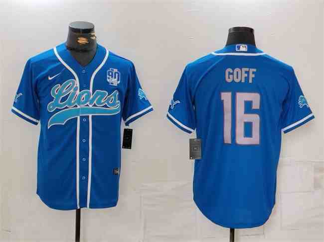 Men's Detroit Lions #16 Jared Goff Blue With 90th Anniversary Patch Cool Base Stitched  Button Jersey