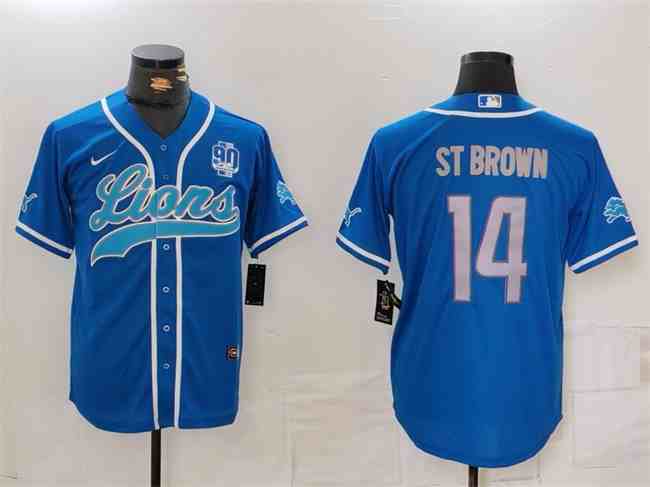 Men's Detroit Lions #14 Amon-Ra St. Brown Blue With 90th Anniversary Patch Cool Base Stitched  Button Jersey