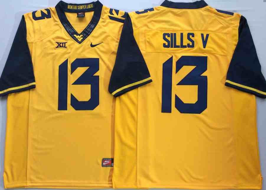 Men's West Virginia Mountaineers 13 David Sills V Yellow College Football Jersey