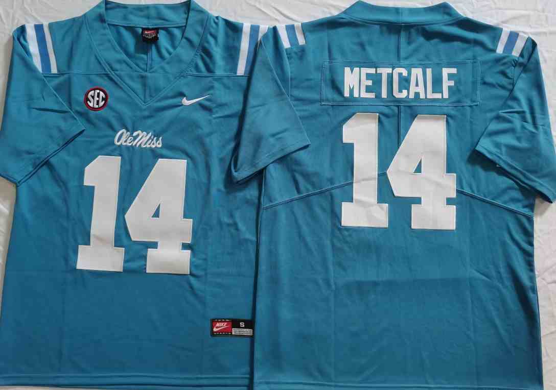 Men's Ole Miss Rebels Blue #14 METCALF Blue Limited Stitched Jersey