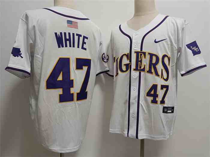 Men's LSU Tigers #47 Tommy White White Stitched  Jersey
