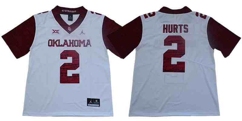 Men's Oklahoma Sooners 2 Jalen Hurts White 47 Game Winning Streak College Football Jersey
