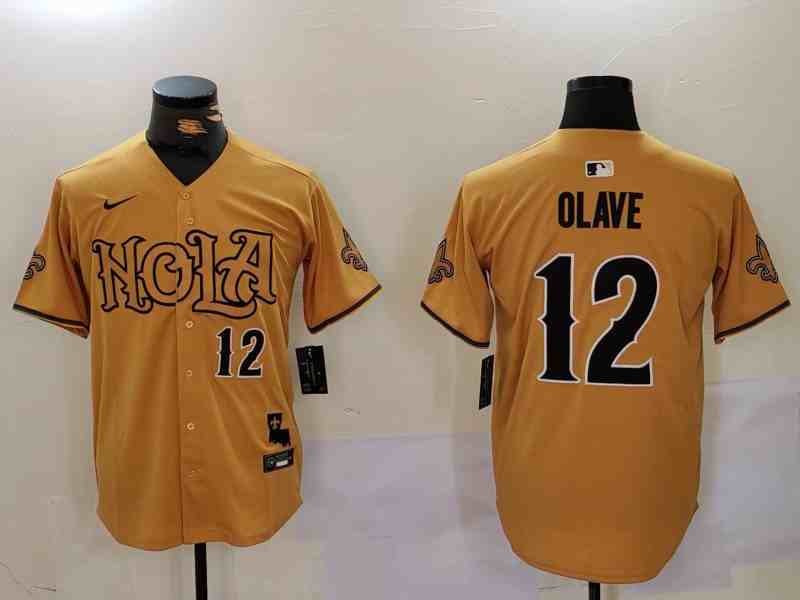 Men's New Orleans Saints #12 Chris Olave Number Gold Nola Button Jersey-1