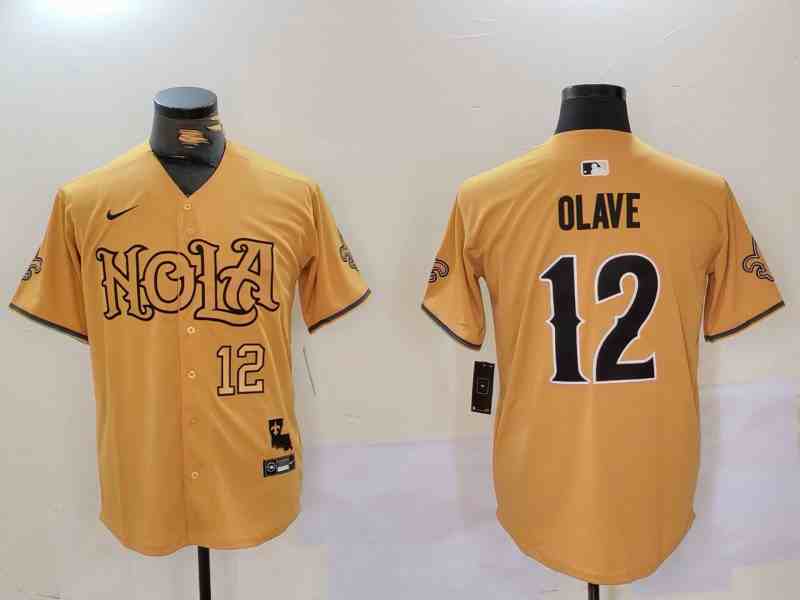 Men's New Orleans Saints #12 Chris Olave Number Gold Nola Button Jersey-2