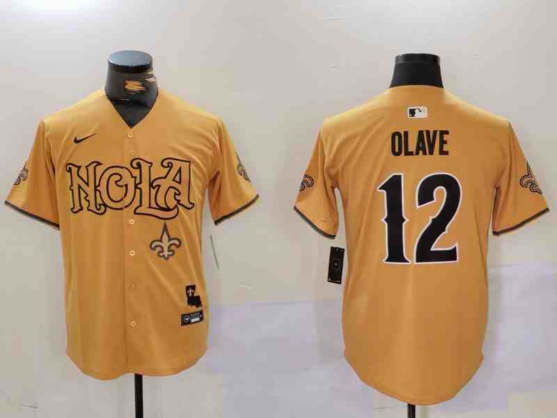 Men's New Orleans Saints #12 Chris Olave Number Gold Nola Button Jersey-3