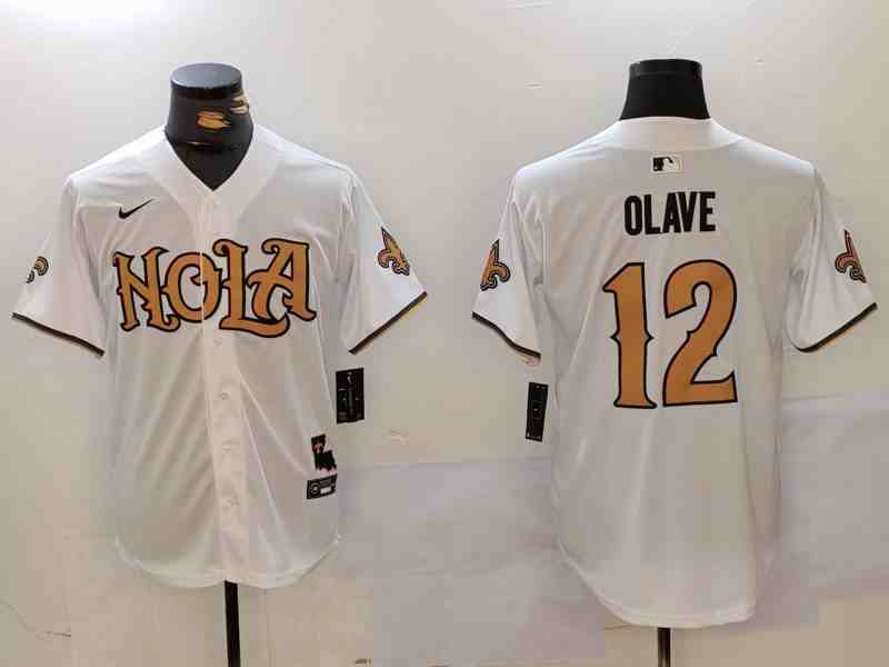 Men's New Orleans Saints #12 Chris Olave Number White Nola Button Jersey