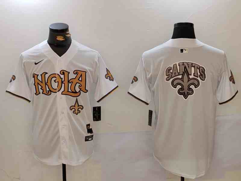 Men's New Orleans Saints Team Big Logo White Cool Base Stitched Button Jersey-1