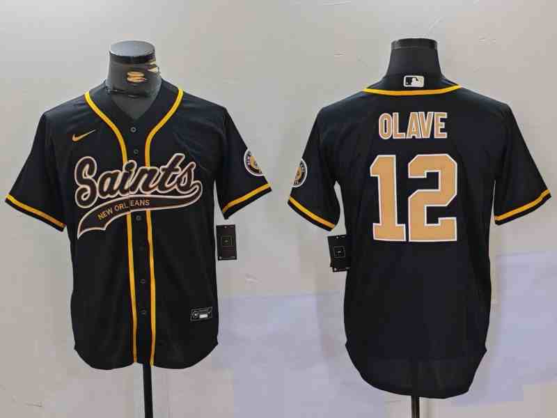 Men's New Orleans Saints #12 Chris Olave Black Cool Base Stitched Button Jersey (2)