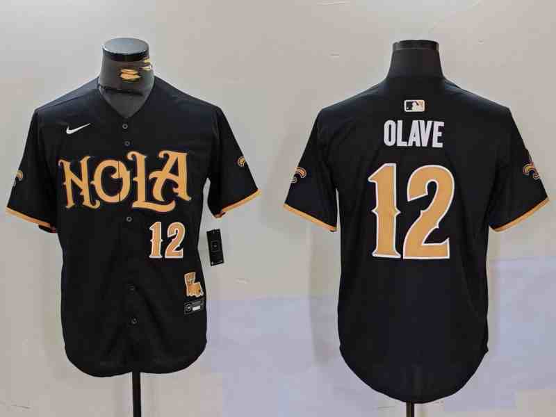 Men's New Orleans Saints #12 Chris Olave Black Cool Base Stitched Button Jersey-2