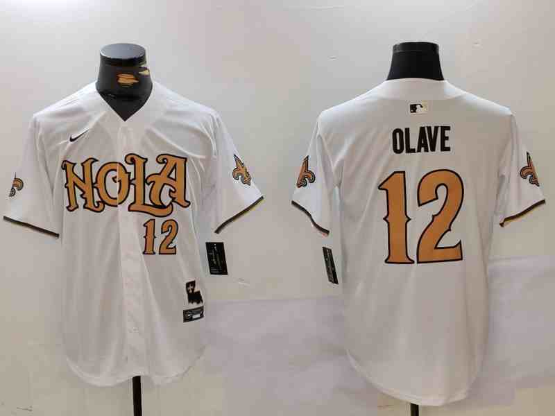 Men's New Orleans Saints #12 Chris Olave Number White Nola Button Jersey-1