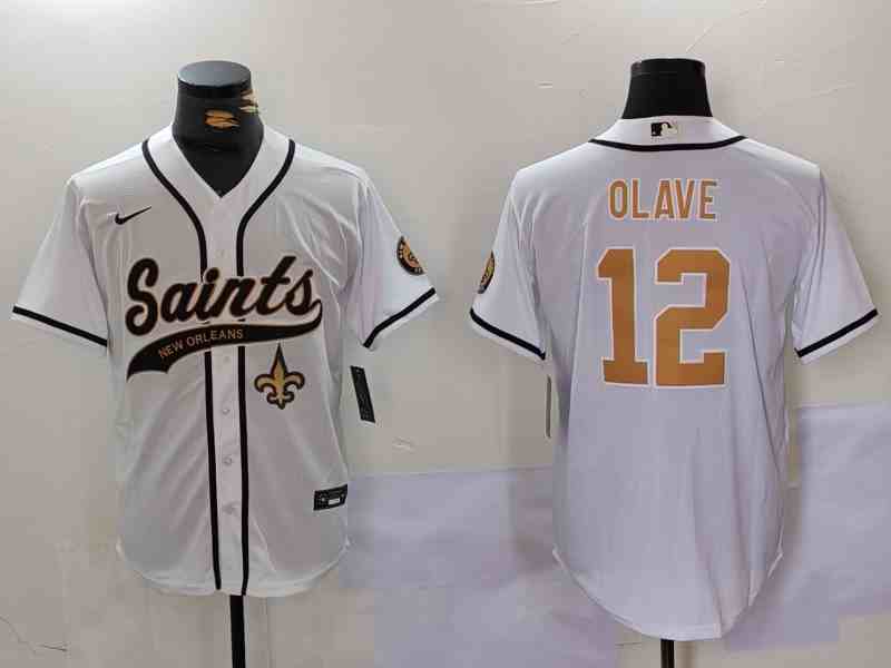Men's New Orleans Saints #12 Chris Olave Number White Nola Button Jersey-6
