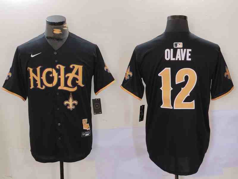 Men's New Orleans Saints #12 Chris Olave Black Cool Base Stitched Button Jersey-3