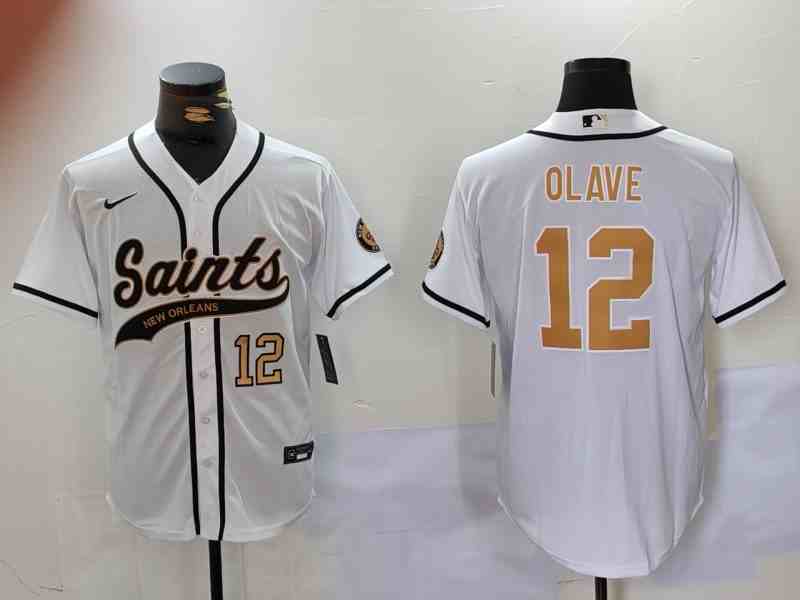 Men's New Orleans Saints #12 Chris Olave Number White Nola Button Jersey-5