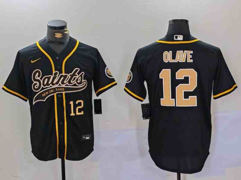 Men's New Orleans Saints #12 Chris Olave Black Cool Base Stitched Button Jersey (2)-1