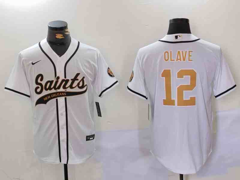 Men's New Orleans Saints #12 Chris Olave Number White Nola Button Jersey-4