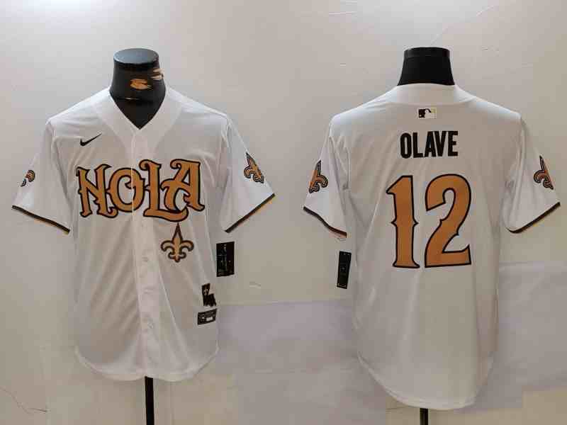 Men's New Orleans Saints #12 Chris Olave Number White Nola Button Jersey-1-2