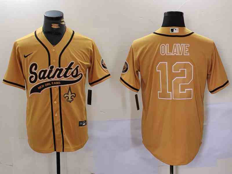 Men's New Orleans Saints #12 Chris Olave Gold Cool Base Stitched Button Jersey-2