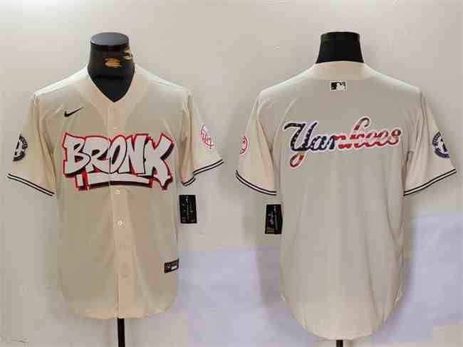 Men's New York Yankees Team Big Logo Cream Bronx Graffiti V2 Vapor Limited Stitched   Baseball Jersey