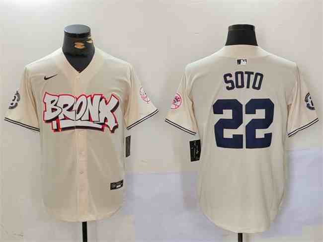 Men's New York Yankees #22 Juan Soto Cream Bronx Graffiti V2 Vapor Limited Stitched Baseball Jersey