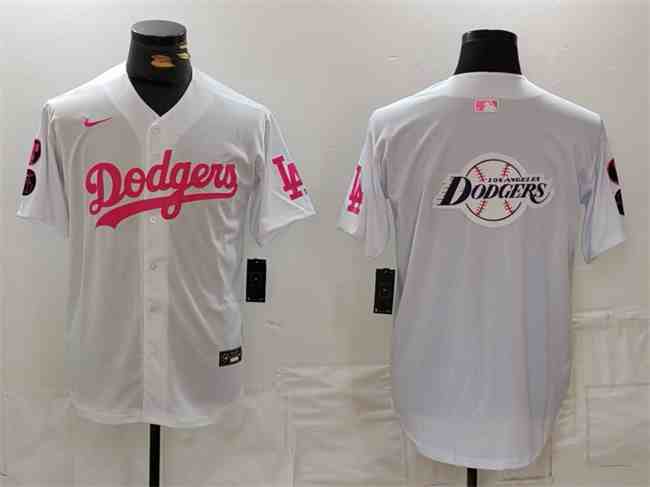 Men's Los Angeles Dodgers Team Big Logo White Pink Vin & Kobe Patch Stitched Baseball  Jersey