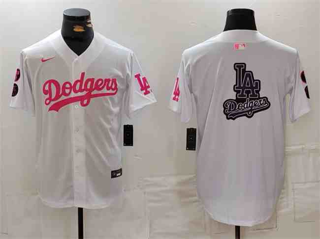 Men's Los Angeles Dodgers Team Big Logo White Pink Vin  Kobe Patch Stitched Baseball Jersey