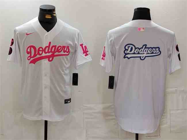 Men's Los Angeles Dodgers Team Big Logo White Pink Vin & Kobe Patch Stitched  Baseball Jersey