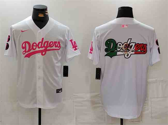 Men's Los Angeles Dodgers Team Big Logo White Pink Vin & Kobe Patch Stitched Baseball Jersey