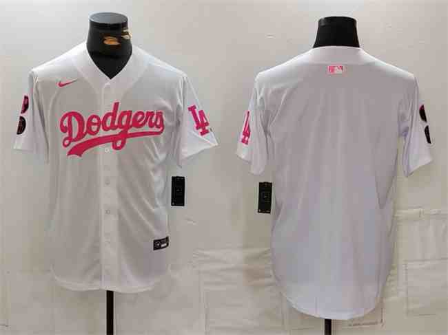 Men's Los Angeles Dodgers Blank White Pink Vin  Kobe Patch Stitched Baseball Jersey