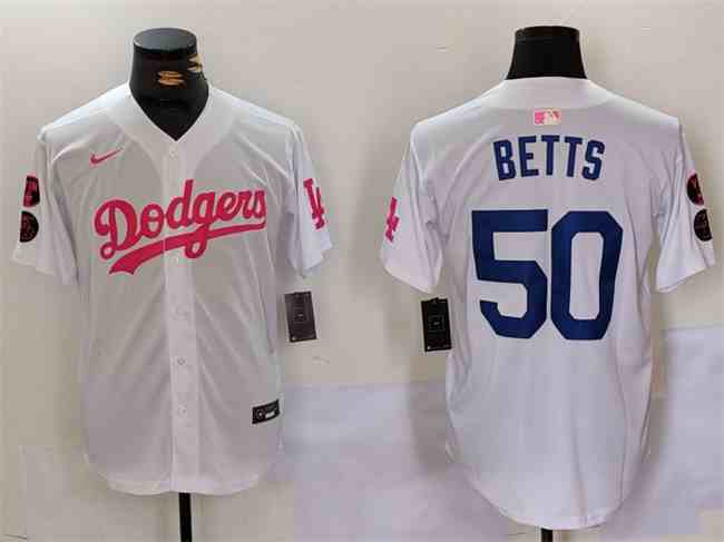 Men's Los Angeles Dodgers #50 Mookie Betts White Pink Vin & Kobe Patch Stitched Baseball Jersey