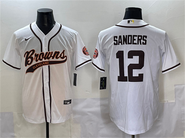 Men's Cleveland Browns #12 Shedeur Sanders White With Patch Cool Base Stitched Baseball Jersey