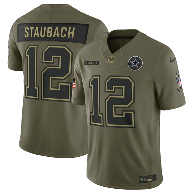Men's Dallas Cowboys #12 Roger Staubach Olive 2025 F.U.S.E. Salute To Service Limited Stitched Football Jersey