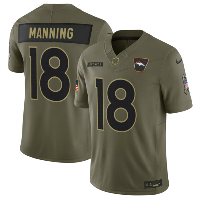 Men's Denver Broncos #18 Peyton Manning Olive 2025 F.U.S.E. Salute To Service Limited Stitched Football Jersey