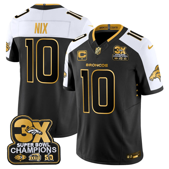 Men's Denver Broncos #10 Bo Nix Black Gold 2024 F.U.S.E. With 3-Time Champions Patch And 1-Star C Patch Vapor Limited Stitched Football Jersey