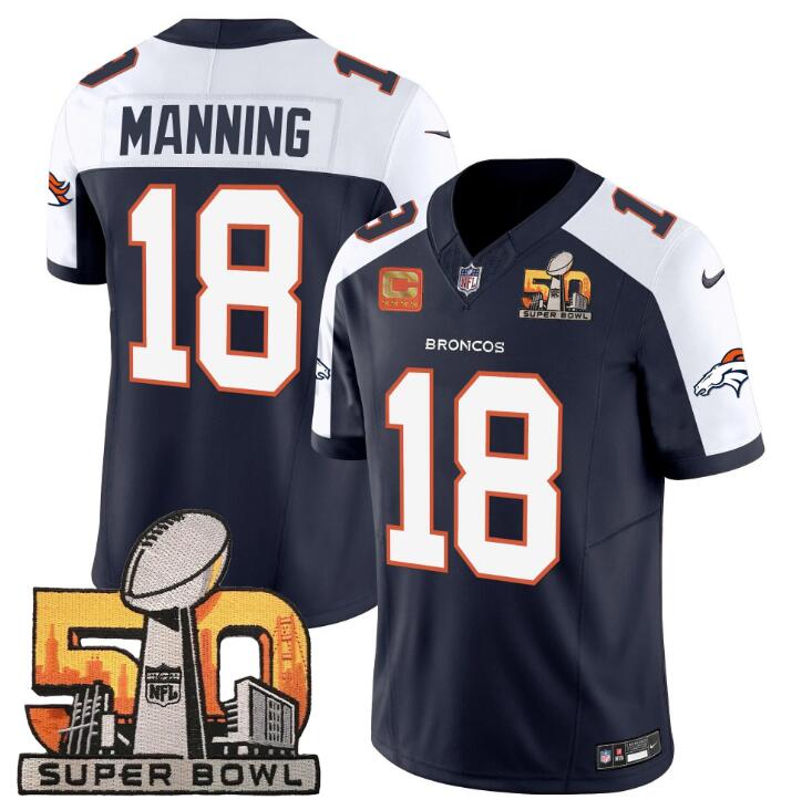 Men's Denver Broncos #18 Peyton Manning Navy White 2024 F.U.S.E. With Super Bowl 50 Patch And 4-Star C Patch Vapor Limited Stitched Football Jersey