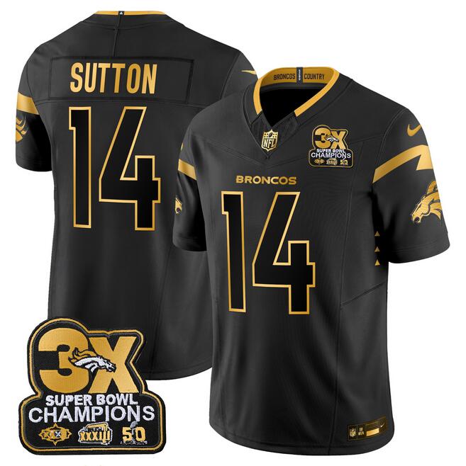 Men's Denver Broncos #14 Courtland Sutton Black Gold F.U.S.E. 3-Time Champions Patch Vapor Limited Stitched Football Jersey