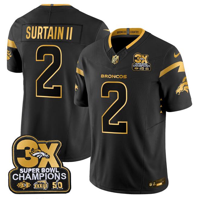 Men's Denver Broncos #2 Pat Surtain II Black Gold F.U.S.E. 3-Time Champions Patch Vapor Limited Stitched Football Jersey