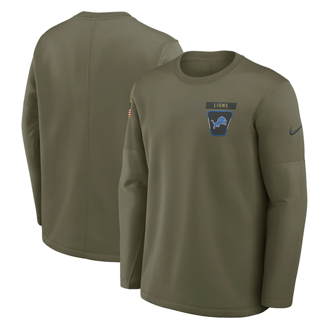 Men's Detroit Lions Olive 2025 Salute To Service Sideline Coaches Therma-FIT Long Sleeve Shirt