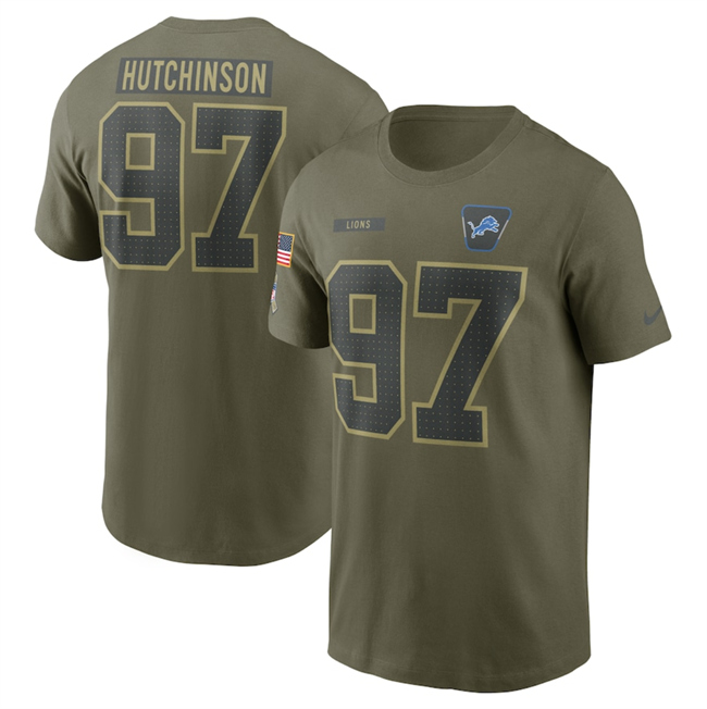 Men's Detroit Lions #97 Aidan Hutchinson Olive 2025 Salute To Service Name & Number T-Shirt