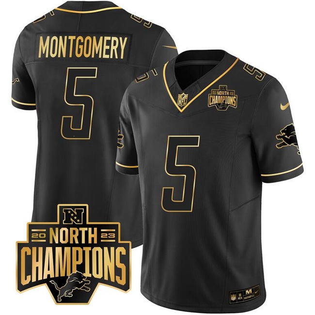 Men's Detroit Lions #5 David Montgomery Black Gold F.U.S.E. 2023 NFC North Division Champions Patch Vapor Limited Stitched Football Jersey