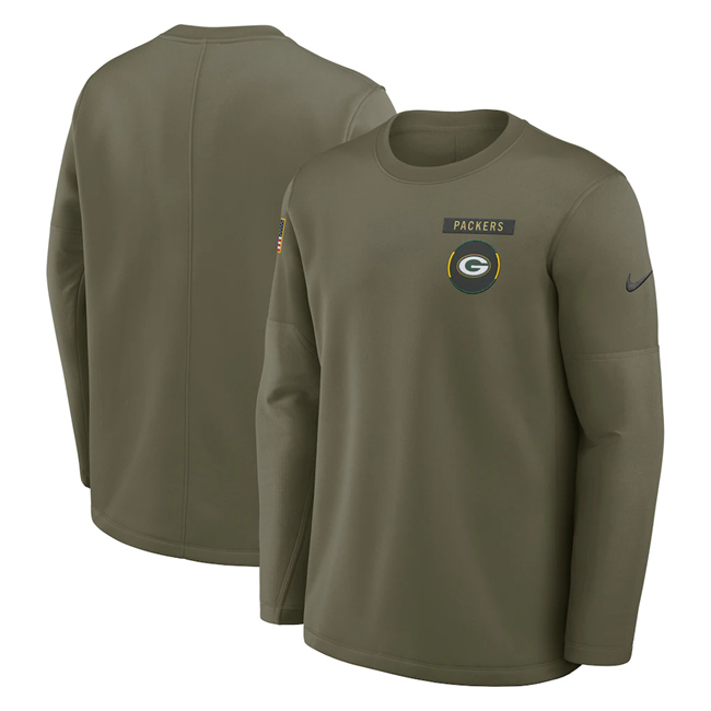 Men's Green Bay Packers Olive 2025 Salute To Service Sideline Coaches Therma-FIT Long Sleeve Shirt