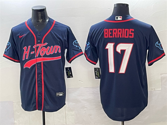 Men's Houston Texans #17 Braxton Berrios Navy With Patch Cool Base Stitched Baseball  Jersey