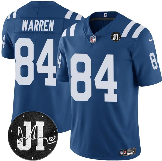 Men's Indianapolis Colts #84 Tyler Warren Blue Jim Irsay Patch Vapor Stitched Jersey