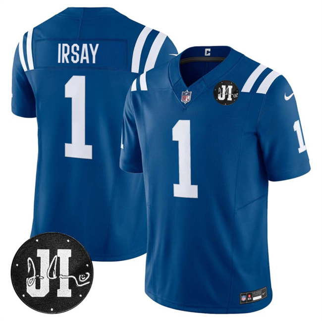 Men's Indianapolis Colts #1 Jim Irsay Blue 2025 F.U.S.E. Jim Irsay Patch Vapor Limited Stitched Football Jersey