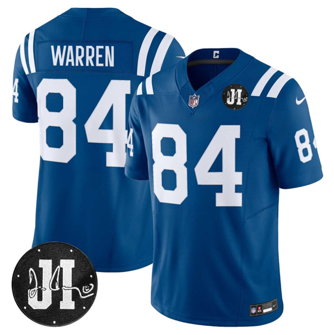 Men's Indianapolis Colts #84 Tyler Warren Blue 2025 F.U.S.E. Jim Irsay Patch Vapor Limited Stitched Football Jersey