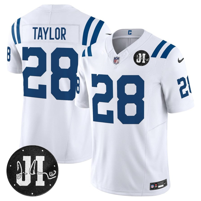 Men's Indianapolis Colts #28 Jonathan Taylor White 2025 F.U.S.E. Jim Irsay Patch Vapor Limited Stitched Football Jersey
