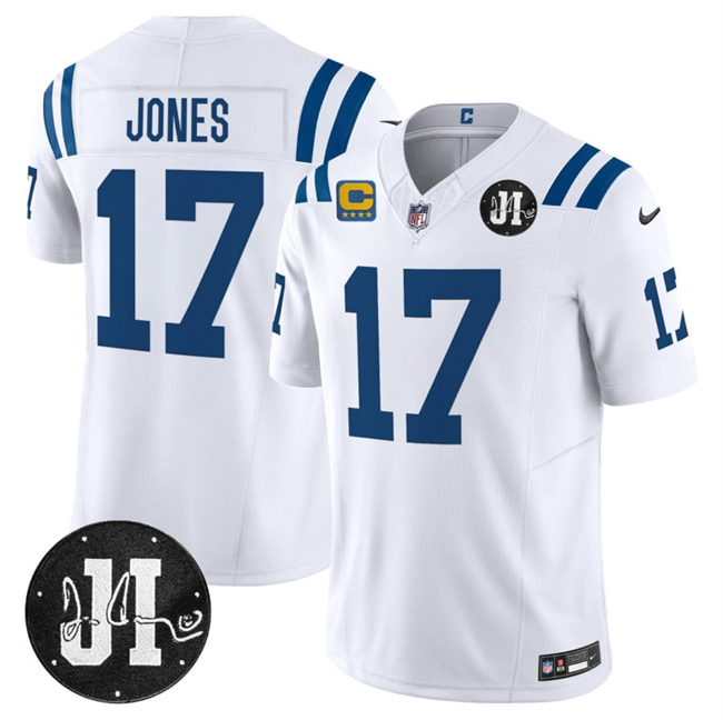 Men's Indianapolis Colts #17 Daniel Jones White 2025 F.U.S.E. With 4-Star C Patch And Jim Irsay Patch Vapor Limited Stitched Football Jersey