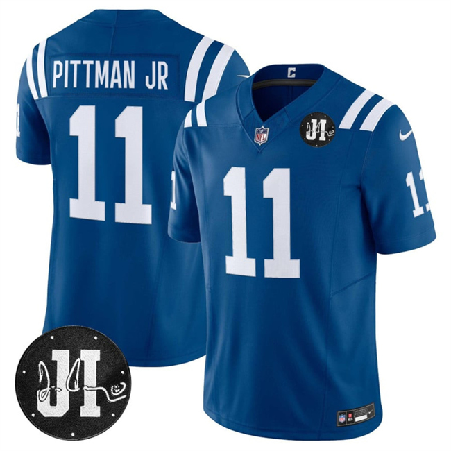 Men's Indianapolis Colts #11 Michael Pittman Jr. Blue 2025 F.U.S.E. Jim Irsay Patch Vapor Limited Stitched Football Jersey