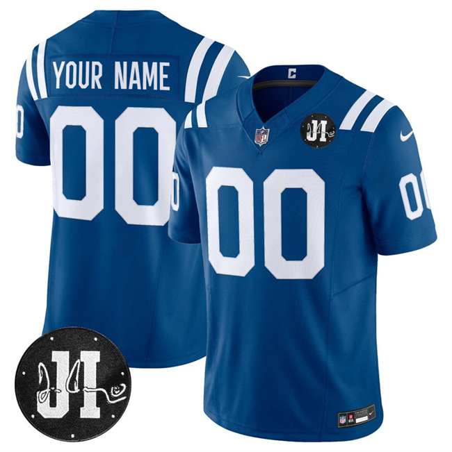 Men's Indianapolis Colts Active Player Custom Blue 2025 F.U.S.E. Jim Irsay Patch Vapor Limited Stitched Football Jersey