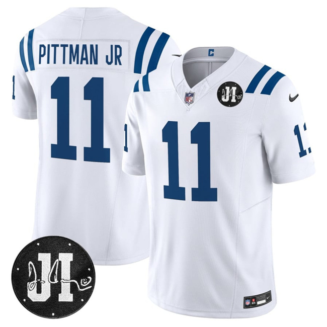 Men's Indianapolis Colts #11 Michael Pittman Jr. White 2025 F.U.S.E. Jim Irsay Patch Vapor Limited Stitched Football Jersey