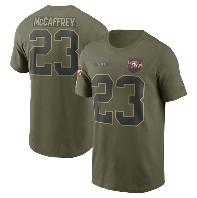 Men's San Francisco 49ers #23 Christian McCaffrey Olive 2025 Salute To Service Name & Number T-Shirt